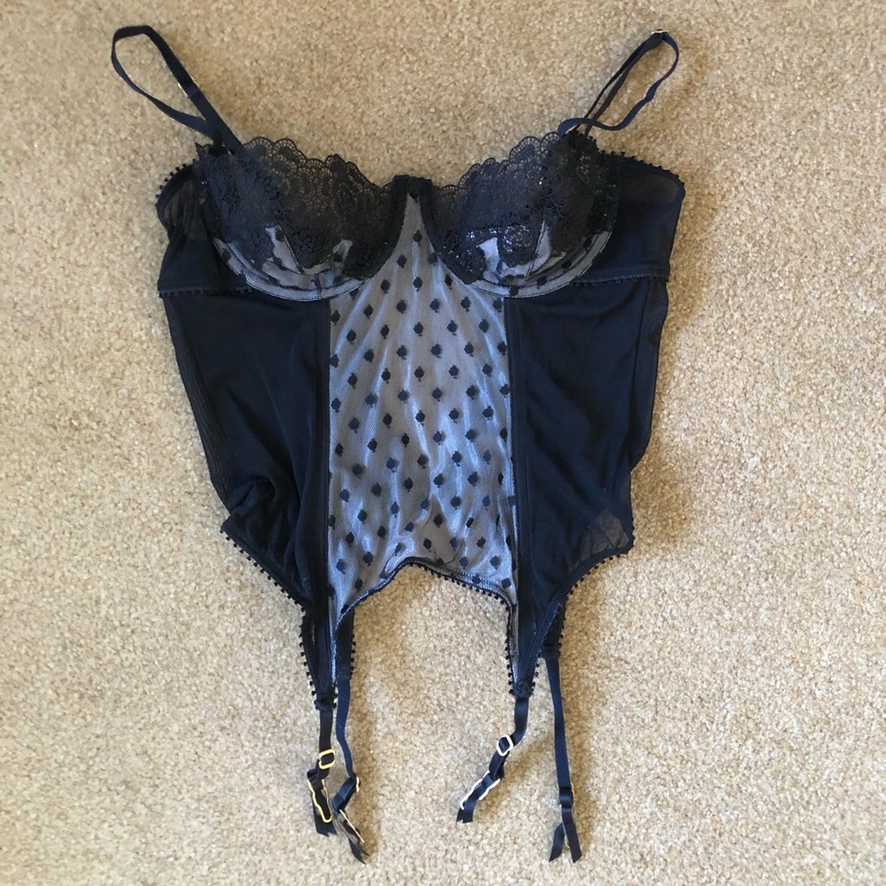 VIctoria’s Secret Corset with Garters - 36B - black polka dot - sheer stretch